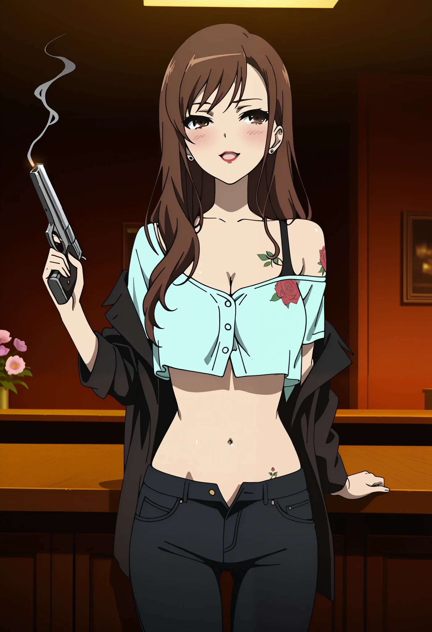 Reiko, 1girl, Alone, beautiful brown eyes, long brown hair,  pretty sister、anime screen cap,  anatomically accurate, highly detailed skin, ear piercing, long hair, blush, lipstick,Hot girl, baddie, smoking, bad attitude, mean girl, sensual, attractive, bar background, inside bar,indoors, masterpiece,high quality,4k, bare shoulder,belly,crop top,holding pistol,cleavage, unbuttoned shirt,shirt, knot, indoor,smile, open mouth, (nsfw) not safe for work, evil expression, exposed belly, exposed navel, exposed midriff, exposed lower belly, crop top overhang, underboob,jacket, unbuttoned jeans , low rise black jeans, Low rise jeans, Low rise jeans with open fly, tattoo on body, flower tattoo, dragon tattoo, , shiny skin, 