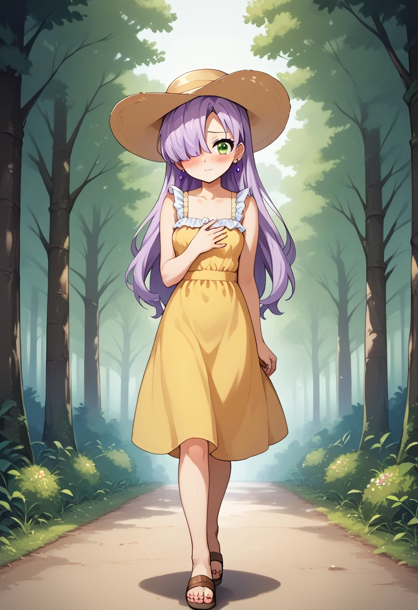 1girl, solo, masterpiece, best quality, (anime art style:1.0), score_9, score_8_up, score_7_up, source_, blushing, frowning, green eyes, short yellow sun dress, frilly straps, brown sandals, hair covering one eye, lilac purple hair, long hair, walking through a forest landscape, very dark skin, stud earrings, sunhat, painted fingernails