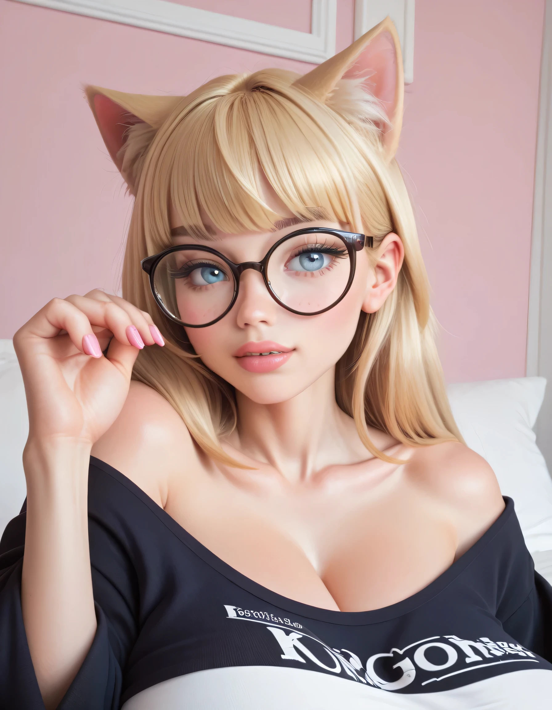 Hd, high quality, blonde bangs, (high quality faces), adorable teenage schoolgirl, (((black oversized cat-eye glasses))), (((huge breasts))), pink and white bodysuit, expressive blue eyes, bedroom