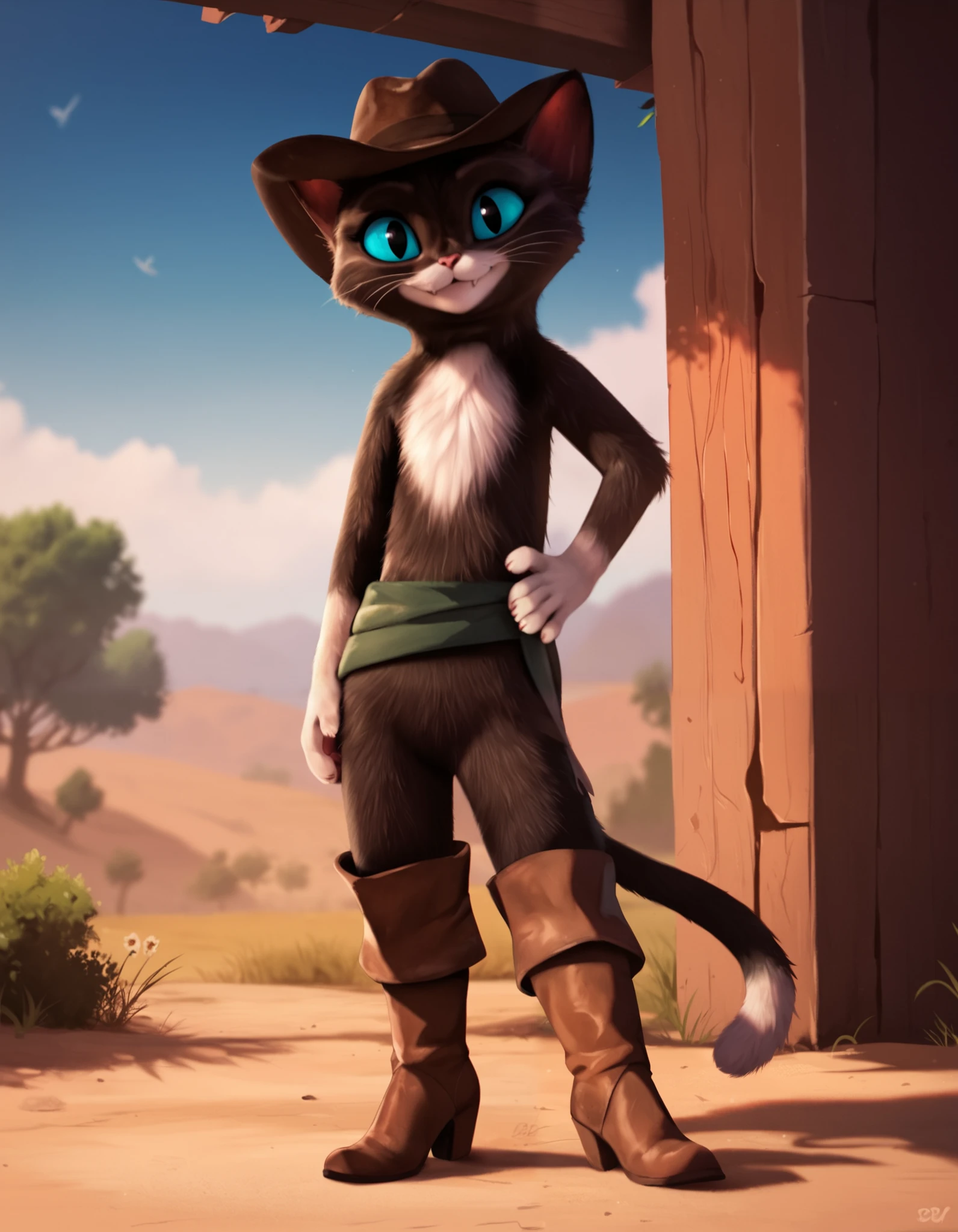 score_9, score_8_up, score_7_up, rating_safe, (ksp:1.3), female cat, solo, tiny, cowboy hat, full body, posing, one hand on waist, (bare thighs:1.2), bandage belt, tall cowboy boots, looking at viewer, (cute smile:1.3), solo, flat chest