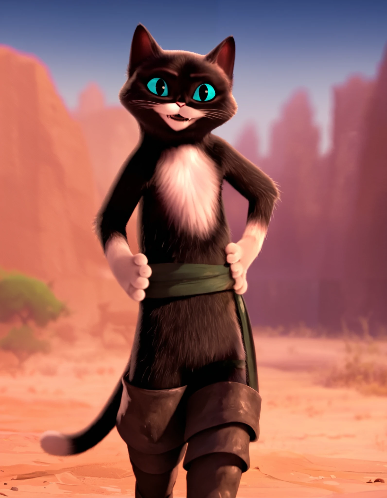 score_9, score_8_up, score_7_up, score_6_up, rating_safe, (ksp:1.3), female cat, solo, full body, posing, one hand on waist, (bare thighs:1.2), bandage belt, boots, looking at viewer, (cute smile:1.3), 