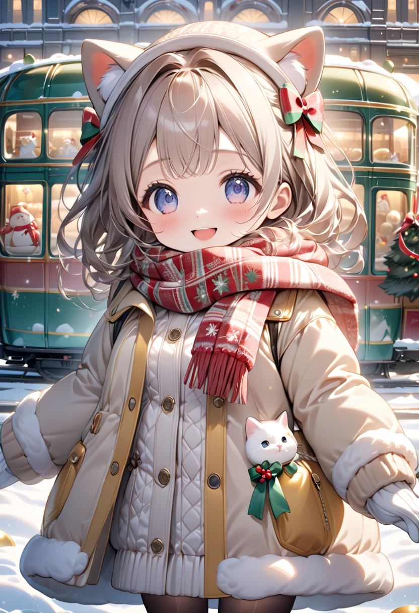 (masterpiece, ultra-detailed, best quality, clear focus, dramatic scene, cinematic), shadow, (ultra-high resolution, 8k), perfect anatomy, perfect face, (detailed face, detailed eye, chibi), cute Japanese chibi girl, famous Japanese chibi idol, very beautiful and cute and cool face, (wearing stylish winter outfit with long coat, woolen scarf and glove:1.2), (large breasts), (She is standing in front of a gorgeously Christmas decorated cute tram with a giant fat cat:1.3), at the tram stops, the Christmas gift box and Christmas trees are on the tram, (She is in front of the gorgeously Christmas decorated confectionery shop with Christmas illuminations, snow-covered road, these stores at the street are gorgeously decorated with Christmas decorations, professional lighting, (detailed very cute fluffy giant cat is mewing:1.3), she looks so happy, happy smile