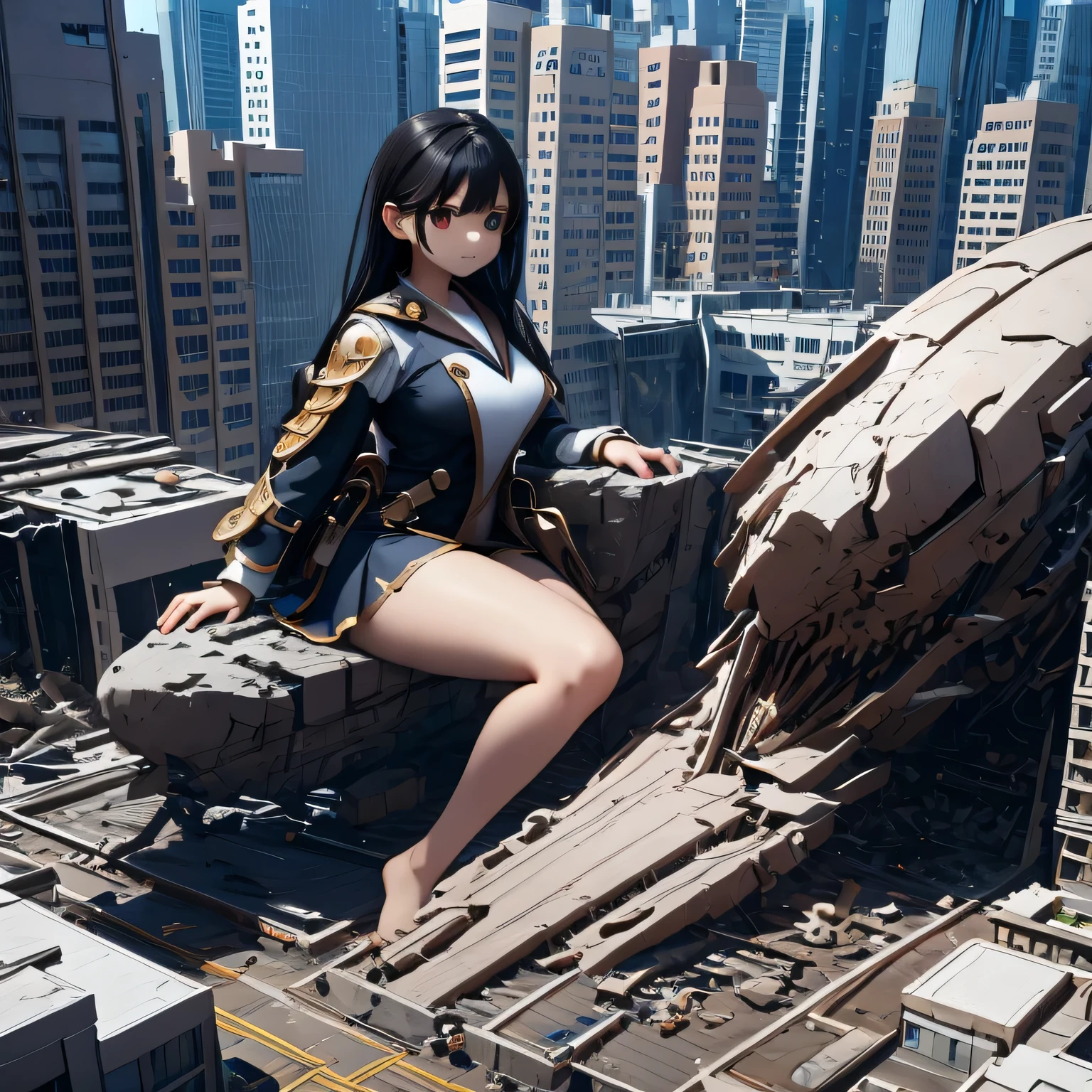 Camera angle with full body visible , A girl with a cute face,Sitting pose,The location is a destroyed metropolis,Tall buildings, there are lots of UFOs in the sky, highly revealing sailor suit, miniskirt,Big Breasts,Angle of view visible from head to toe , high definition , masterpiece, anatomically correct, high detail, Ultra High Definition, textured skin, Ultra Wide Angle, widescreen, red eyes, black hair, Super long hair, thighs are thick,Big Breasts,Character portrait, long legs ,