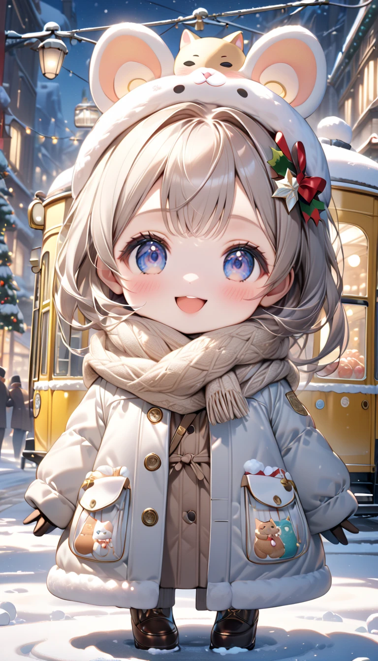 (masterpiece, ultra-detailed, best quality, clear focus, dramatic scene, cinematic), shadow, (ultra-high resolution, 8k), perfect anatomy, perfect face, (detailed face, detailed eye, chibi), cute Japanese chibi girl, famous Japanese chibi idol, very beautiful and cute and cool face, (wearing stylish winter outfit with long coat, woolen scarf and glove:1.2), (large breasts), (She is standing in front of a gorgeously Christmas decorated cute tram with a giant fat cat:1.3), at the tram stops, the Christmas gift box and Christmas trees are on the tram, (She is in front of the gorgeously Christmas decorated confectionery shop with Christmas illuminations, snow-covered road, these stores at the street are gorgeously decorated with Christmas decorations, professional lighting, (detailed very cute fluffy giant cat is mewing:1.3), she looks so happy, happy smile