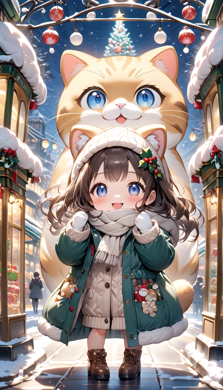 (masterpiece, ultra-detailed, best quality, clear focus, dramatic scene, cinematic), shadow, (ultra-high resolution, 8k), perfect anatomy, perfect face, (detailed face, detailed eye, chibi), cute Japanese chibi girl, famous Japanese chibi idol, very beautiful and cute and cool face, (wearing stylish winter outfit with long coat, woolen scarf and glove:1.2), (large breasts), (She is standing in front of a gorgeously Christmas decorated cute tram with a giant fat cat:1.3), at the tram stops, the Christmas gift box and Christmas trees are on the tram, (She is in front of the gorgeously Christmas decorated confectionery shop with Christmas illuminations, snow-covered road, these stores at the street are gorgeously decorated with Christmas decorations, professional lighting, (detailed very cute fluffy giant cat is mewing:1.3), she looks so happy, happy smile