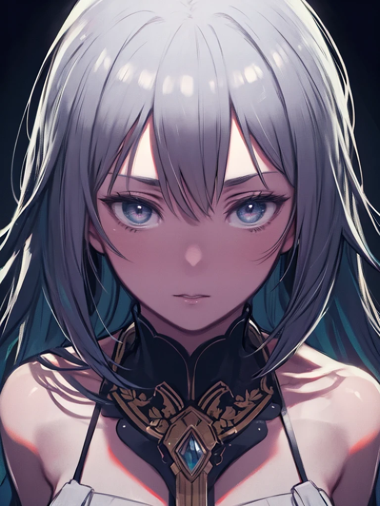 (masterpiece:1.3), (absurdres:1.3), (best quality:1.3), (8K), (large masterpiece digital art), (detailed manga illustration), (handled hair), perfect anatomy, (sharp eyeliner, eyeshadow, detailed eyes:1.1), (intricate details:1.3), (ultra-detailed:1.3), (illustration:1.3), (sharp focus:1.3), (natural lighting:1.05), (vivid colors:1.3), BREAK  1girl, solo, Noel, (silver hair, green eyes, glowing eyes, medium hair), profile, facing viewer, from above
