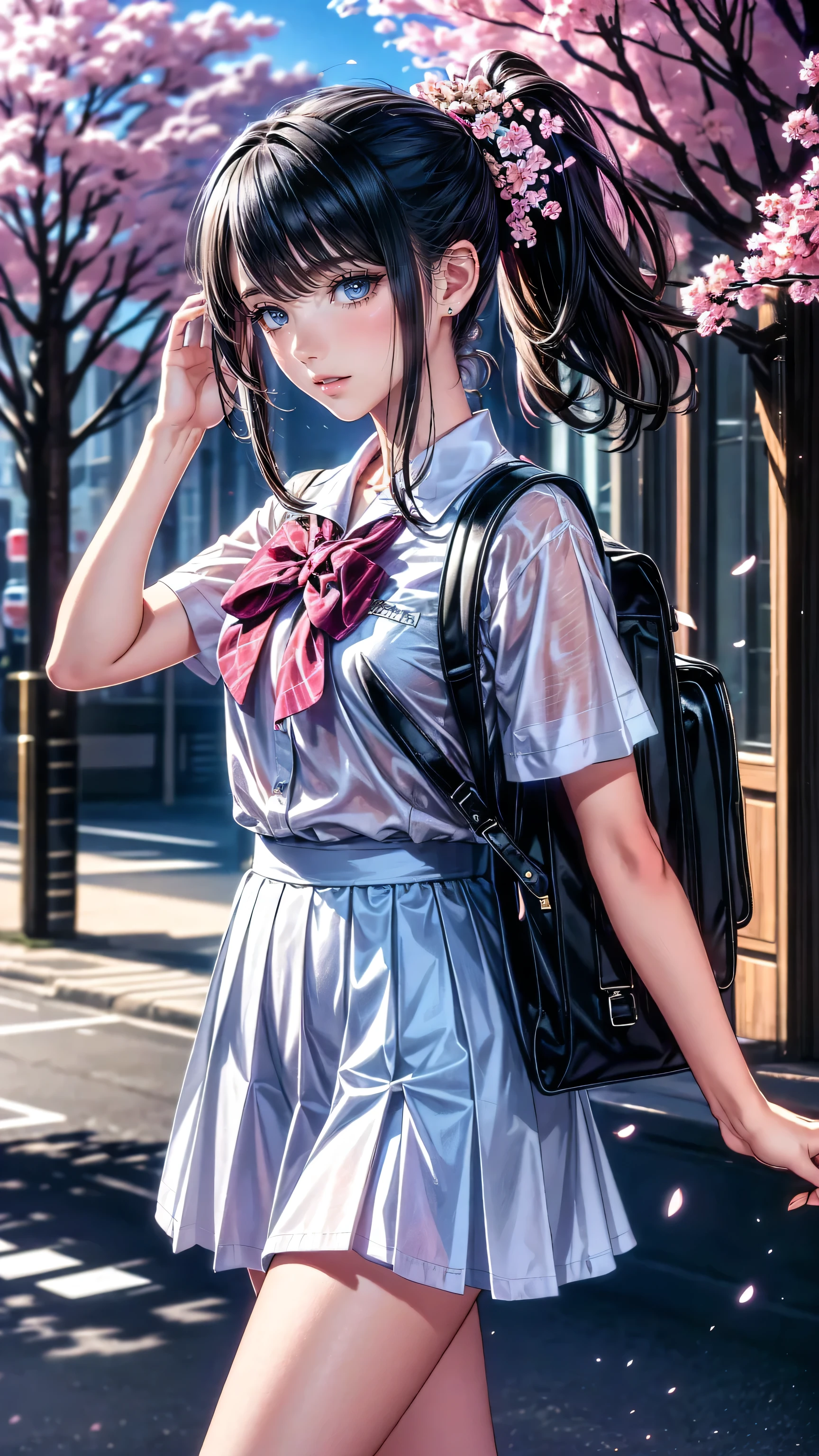 Realistic (photorealistic Realism), (high resolution), ((intricately detailed digital art)), professional photography, (1 girl, alone), (ultra realistic texture details: velvety skin, hair),((sharp focus, no blurry, high resolution, absurd quality, eyes:1.22), intricately detailed:1.3),((extremely fine details eyes)), ((extra narrow eyebrows)), (perfect round eyes:1.3), finely detailed pupils:1.3, (extremely fine details pupils:1.3), (extremely fine details iris of the eyes), (Shining, mesmerizing, Vibrant eyes), detailed lips:1.3, (apply glossy red_lipstick, (pink_makeup), ultra-detailed), very detailed face, Random Hair, (( pastel colors)), (Dressed in a navy-blue school uniform with a pleated skirt and white blouse:1.22), a girl is walking down a quiet street , rucksack on one shoulder . Her long, black hair tied in a pretty ponytail , hall posing in studio with . The street is surrounded by cherry blossom trees , cherry blossom petals are dancing around her, creates a picturesque landscape . as she humps a song 、 has a slight smile , enjoying a quiet walk to school . The sun has just risen , Soft Cast, the golden color that spreads through the scene , and a light breeze softens the hem of her skirt. ( early morning, school uniform, gentle expression , cherry blossoms)