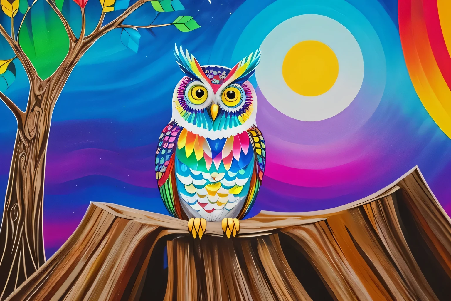 brightly colored owl sitting on a tree stump with white background, an acrylic painting inspired by Okuda Gensō, trending on pexels, process art, prideful look, radiant owl, painted in bright water colors, painted with colour on white, hyperdetailed colourful, mixture between an! owl and wolf, colored woodcut, hyperrealistic robot owl