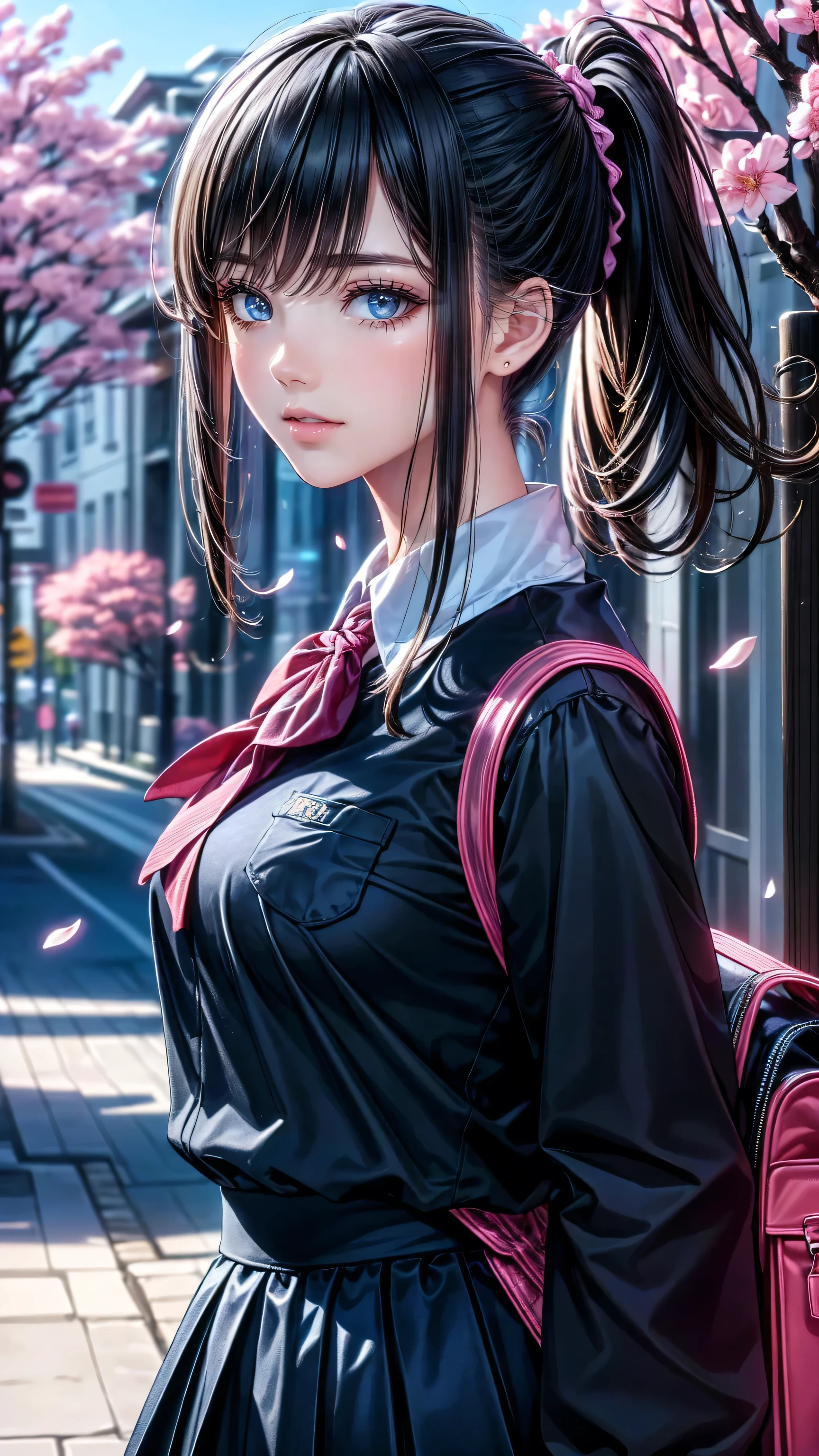 Realistic (photorealistic Realism), (high resolution), ((intricately detailed digital art)), professional photography, (1 girl, alone), (ultra realistic texture details: velvety skin, hair),((sharp focus, no blurry, high resolution, absurd quality, eyes:1.22), intricately detailed:1.3),((extremely fine details eyes)), ((extra narrow eyebrows)), (perfect round eyes:1.3), finely detailed pupils:1.3, (extremely fine details pupils:1.3), (extremely fine details iris of the eyes), (Shining, mesmerizing, Vibrant eyes), detailed lips:1.3, (apply glossy red_lipstick, (pink_makeup), ultra-detailed), very detailed face, Random Hair, (( pastel colors)), (Dressed in a navy-blue school uniform with a pleated skirt and white blouse:1.22), a girl is walking down a quiet street , rucksack on one shoulder . Her long, black hair tied in a pretty ponytail , hall posing in studio with . The street is surrounded by cherry blossom trees , cherry blossom petals are dancing around her, creates a picturesque landscape . as she humps a song 、 has a slight smile , enjoying a quiet walk to school . The sun has just risen , Soft Cast, the golden color that spreads through the scene , and a light breeze softens the hem of her skirt. ( early morning, school uniform, gentle expression , cherry blossoms)