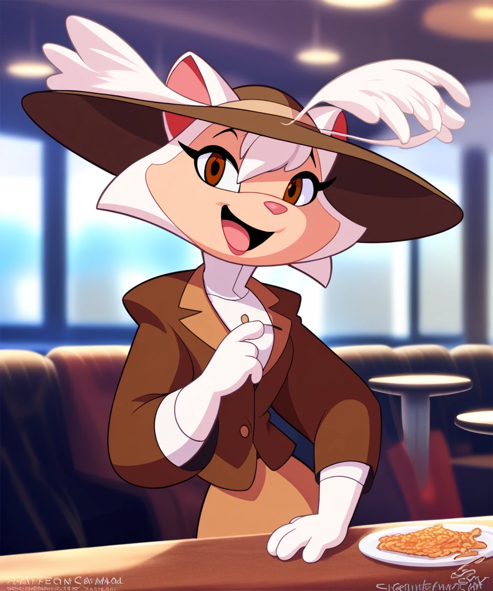 source_furry, solo, sawyer, female, brown eyes, brown suit, wide brim hat, open smile, looking at viewer, restaurant, by sssonic2,by sigma_x,by kilinah, score_9, score_8_up, score_7_up, score_6_up, score_5_up, score_4_up