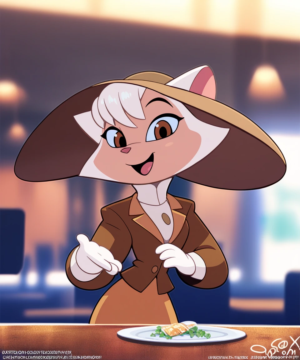 source_furry, solo, sawyer, female, brown eyes, brown suit, wide brim hat, open smile, looking at viewer, restaurant, by sssonic2,by sigma_x,by kilinah, score_9, score_8_up, score_7_up, score_6_up, score_5_up, score_4_up