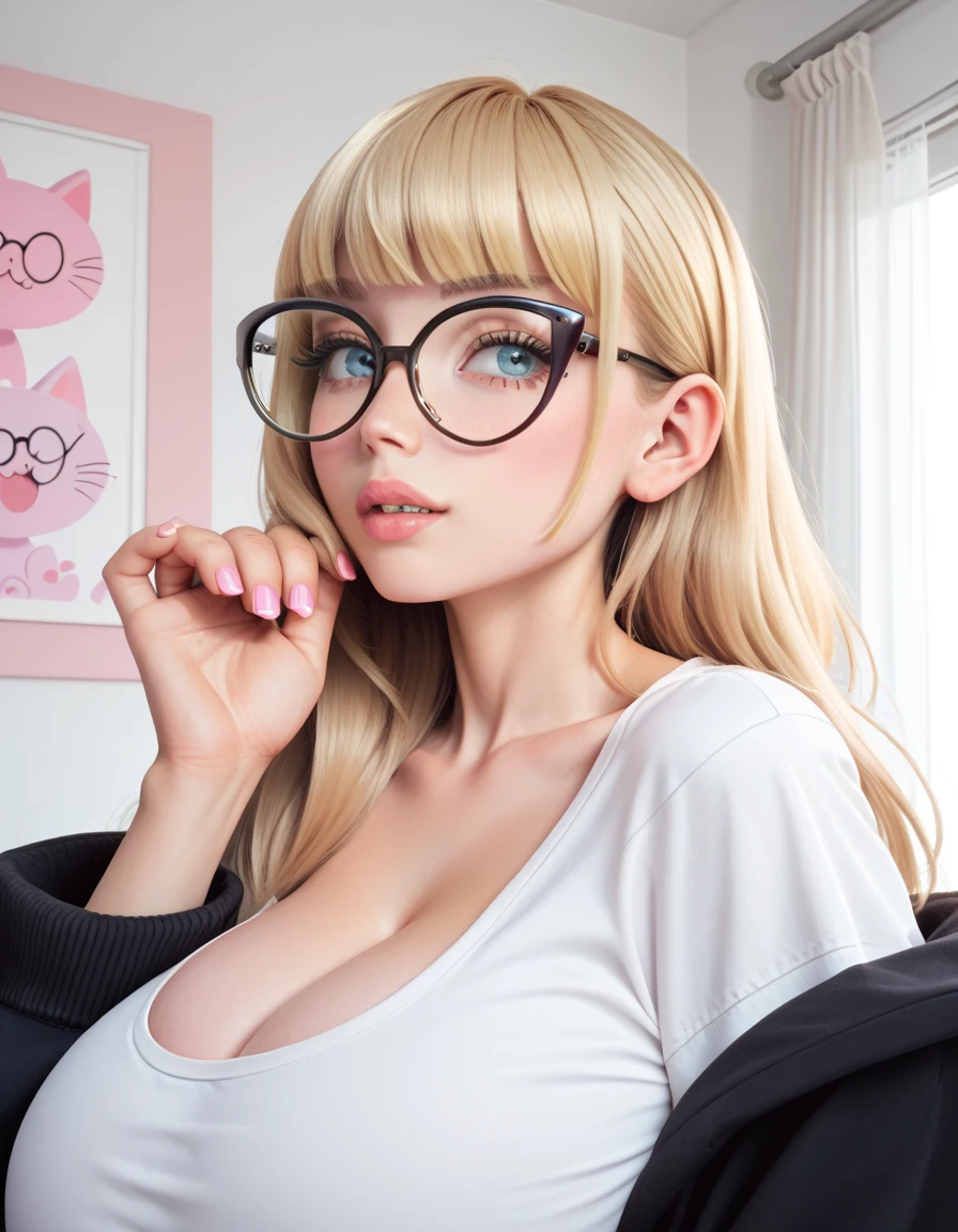 Hd, high quality, blonde bangs, (high quality faces), adorable girl, (((black oversized cat-eye glasses))), (((huge breasts))), pink and white bodysuit, expressive blue eyes, bedroom