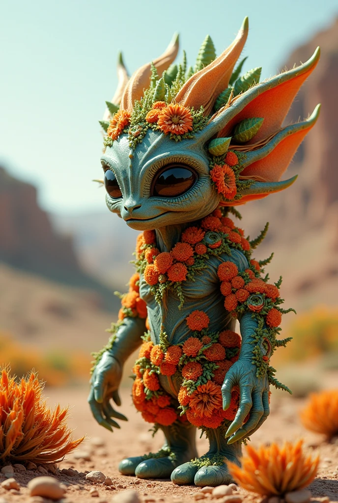 An alien that has floral composition in his DNA in an alien outfit made of high tech alloys that have organic matter in their composition, the aliens head has some animalistic features with some similarities with cacti, a creature made of 60% floral and plant material and 40% resemblance to mammal beasts, it's located on an alien planet, the part of the alien planet where it walks is a post-apocalyptic alien desert with the ground full of sulfur where just the most durable alien bushes grow, hyper detailed, intricate colors, Octane render, 16k