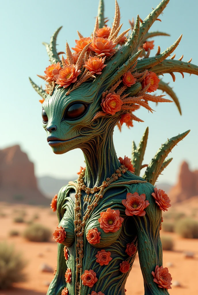 An alien that has floral composition in his DNA in an alien outfit made of high tech alloys that have organic matter in their composition, the aliens head has some animalistic features with some similarities with cacti, a creature made of 60% floral and plant material and 40% resemblance to mammal beasts, it's located on an alien planet, the part of the alien planet where it walks is a post-apocalyptic alien desert with the ground full of sulfur where just the most durable alien bushes grow, hyper detailed, intricate colors, Octane render, 16k