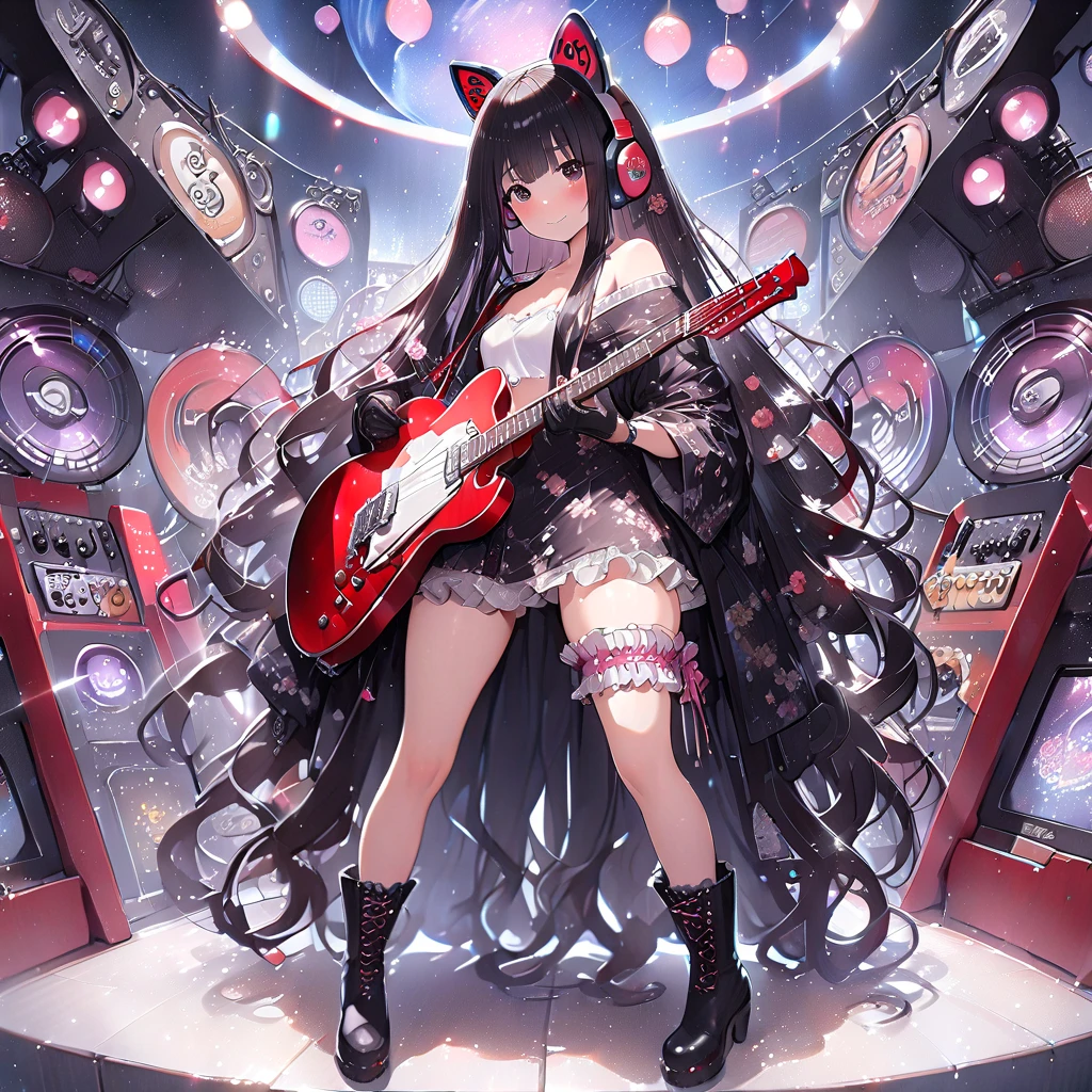 cinematic lighting,super dense skin、Beautiful quality with attention to detail,perfect anatomy,(replace、dim color, pleasant tone:1.3),(Detailed beautiful facial features、red eyes:1.3)(Fox girl wearing a naked apron:1.4)、(cyberpunk style apron:1.5) sly way of laughing(Girl Playing Guitar、Mike stand、highly detailed hands:1.2)Big city buildings at night、building roof、Skyscraper、Play the guitar(Highly detailed feet:1.3)、dynamism(Sparkling✨、the night deepens、shining moon、beautiful night:1.5)monster cat girl、whole body