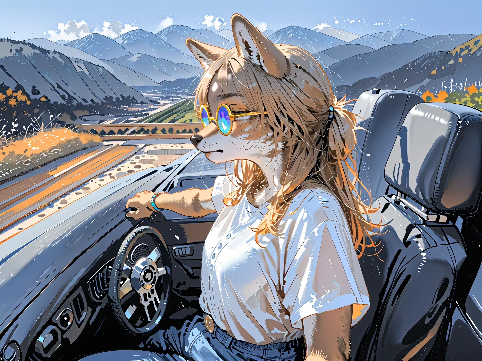 (couple of wolf),1girl\((wolf:1.4),(kemono),(furry),sunglasses,(driving convertible car)\),1girl\((wolf:1.4),(kemono),(furry),breast,drinking\),.dynamic angle,dynamic blur,dynamic car action,. score_9, score_8_up, score_7_up, score_6_up, score_5_up, score_4_up, source_anime,source_furry,rating_safe,rating_questionable,masterpiece, best quality, perfect anatomy , very aesthetic , absurdres