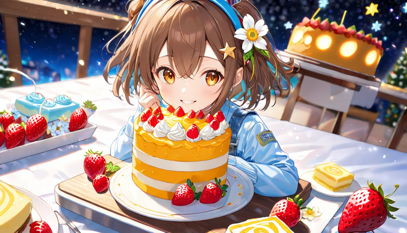 background：A strawberry-decorated cake is placed on a table in a space decorated like a night party venue、 bright 照明とカラフルな風船、Star-shaped decorations。 expression：喜びに満ちた笑顔で、Create a celebratory atmosphere。 Costume： light blue top and overalls with a joyful smile、and blue headphones。  pose：Hands lightly placed on the cake、 smiling at the camera 。 scene：A cake decorated with strawberries is placed on the table、A festive atmosphere befitting a party。( brown-haired girl wearing headphones ), ( quietly looking at flowers in the winter flower bed ), (glowing:1.4), ( very detailed, masterpiece,  top quality,  bright ), ( Anime Style ), ( upper body or close-up ), ( orange eyes), (masterpiece:1.2), (best quality), (ultra detailed), (extremely detailed), (absolutely resolution), absurdres, 8k, 1girl, beautiful-landscape-background, shiny skin, break, ultra detailed eyes, bobcut。