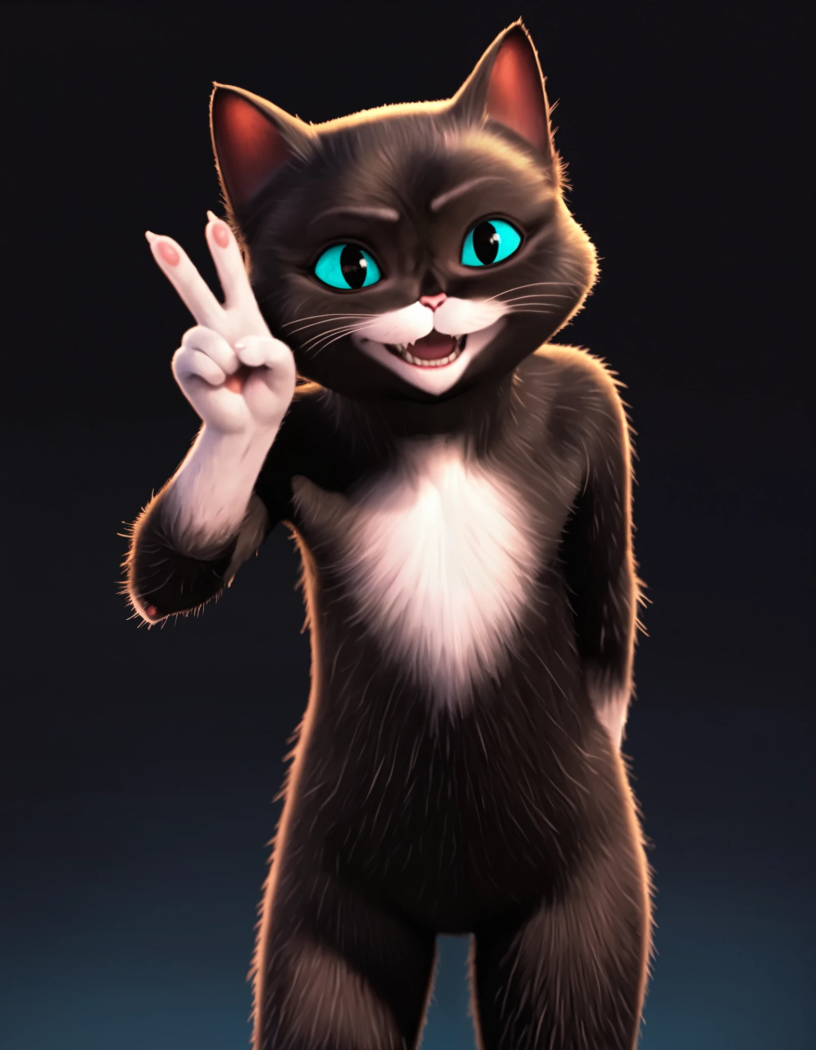 score_9, score_8_up, score_7_up,  source_anime, anime, flat, cartoon, 2d, by nilsunna,
BREAK
ksp, black anthro female cat, black anthro female cat, black black, cat nose, cat ears, two tone fur, cat tail, BREAK
solo, standing, cowboy shot, thick thighs, arched back, leaning forward, smile, happy, v, looking at viewer, curvy,
BREAK
black background, simple background, , flat chest