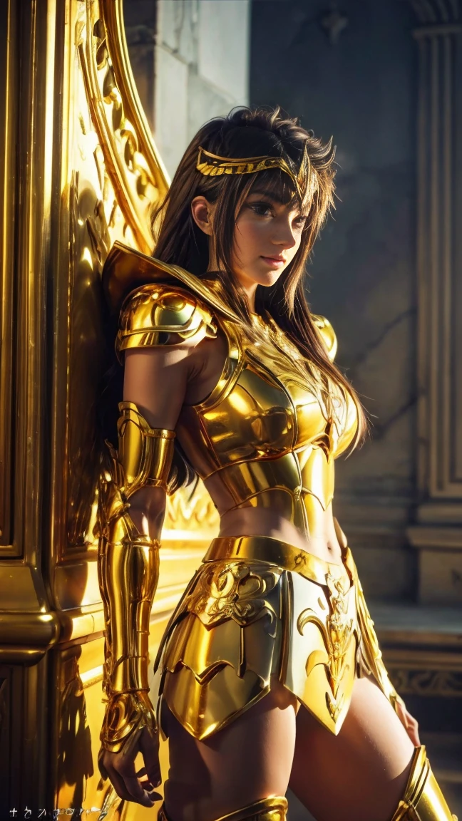 Super high saturation（  masterpiece ），  full body image，（ best quality）， （1 ******），gold hair,   wearing shiny gold armor，  full armor,  Big breasts ，Expose the waist，Show your thighs， in front， Saint Seiya Armor，  Messy hair，high detail,  anime style ,  film lighting , Spark, divine light,  ray tracing ,  movie grain, Ultra HD, textured skin,  super detail ,  Anatomically correct,  high resolution，Super high saturation，  ，High Gloss Armor，First shepherd，a sinister smile，Realistically，（  masterpiece ，Maximum amount ， best quality，official art，beauty and aesthetics：1.2）， very detailed ，fractal art，colorful,  temple of Athena background ,  sunny day ,  dynamic pose , Highly Detailed, cinematic