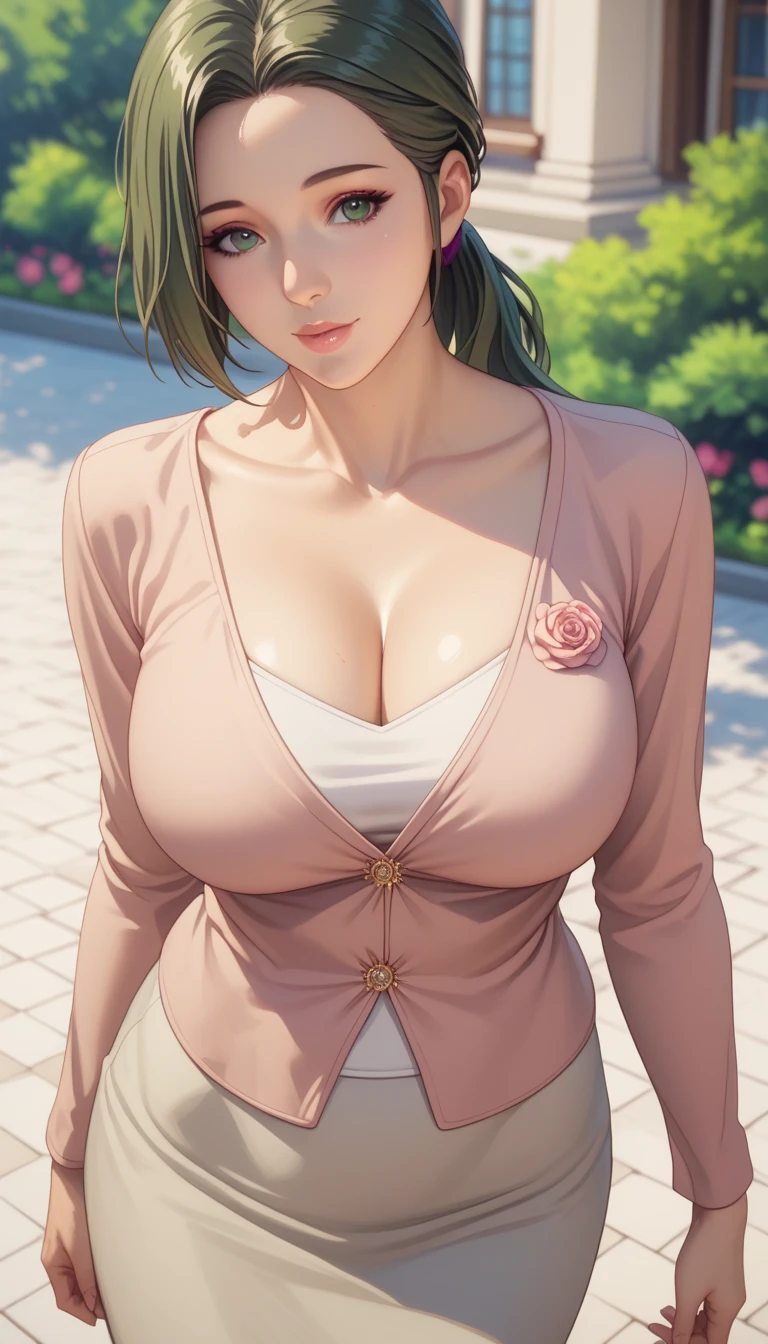 (masterpiece, best_quality:1.2), 1girl, solo, mature female, dark-green hair, low ponytail, (casual clothes, long sleeves, closed clothes, skirt), beautiful eyes, female focus, looking at viewer, large breast, cleavage, wide hips, ((above view)) ((close up shot)) ((solo)) detailed, very high resolution, no blurry image, standing, beautiful, elegant, serene expression, intricate details, detailed background, bedroom:1.3