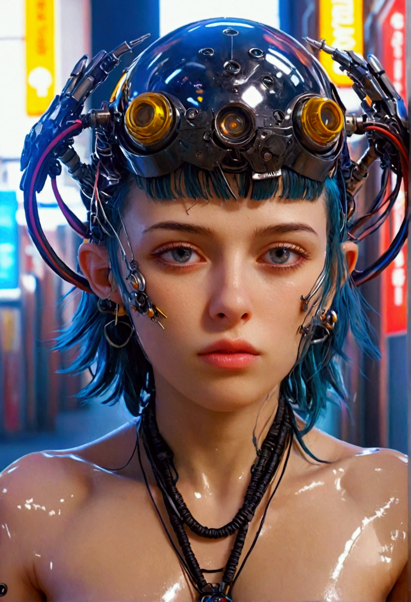 Best quality, masterpiece, Ultra High resolution, ((Photorealistic: 1.4),  RAW photos , 1 cyberpunk girl, Glossy Skin, 1 Mechanical Girl, (super realistic details)),  Mechanical Hands , Tubes connected to mechanical parts, Mechanical vertebrae attached to the spine, Mechanical cervical attachment to the neck, Wires and cables connecting to the head,  evangelion , Ghost in the Shell,  Small glowing LED lamp , Global Illumination, Deep Shadow, Octane rendering, 8k, ultrasharp, Metal, Intricate decoration details, Baroque style details, high intricate detailed, Realistic Light, Trends in CG, Facing the camera, Neon Details, (android factory on background), Art by H.r. Giger And Alphonse Mucha. 、Highly photorealistic human beings、Perfectly round pupils、More on the amazing pupil iris、White teenage girl、A little ish、 small face、Very human skin feel、ﾘｱﾙareola、ﾘｱﾙ、fissure、A 14-year-old girl、 full body lesbians slimed、7 heads、with round face、(Not a crushing eye)、A large rocket-shaped、