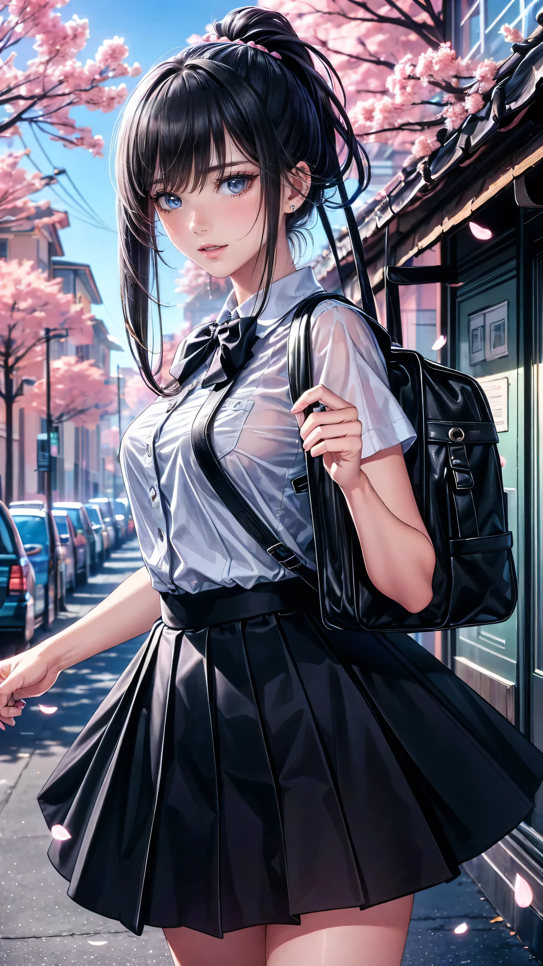 Realistic (photorealistic Realism), (high resolution), ((intricately detailed digital art)), professional photography, (1 girl, alone), (ultra realistic texture details: velvety skin, hair),((sharp focus, no blurry, high resolution, absurd quality, eyes:1.22), intricately detailed:1.3),((extremely fine details eyes)), ((extra narrow eyebrows)), (perfect round eyes:1.3), finely detailed pupils:1.3, (extremely fine details pupils:1.3), (extremely fine details iris of the eyes), (Shining, mesmerizing, Vibrant eyes), detailed lips:1.3, (apply glossy red_lipstick, (pink_makeup), ultra-detailed), very detailed face, Random Hair, (( pastel colors)), (Dressed in a navy-blue school uniform with a pleated skirt and white blouse), a girl is walking down a quiet street , rucksack on one shoulder . Her long, black hair tied in a pretty ponytail , hall posing in studio with . The street is surrounded by cherry blossom trees , cherry blossom petals are dancing around her, creates a picturesque landscape . as she humps a song 、 has a slight smile , enjoying a quiet walk to school . The sun has just risen , Soft Cast, the golden color that spreads through the scene , and a light breeze softens the hem of her skirt. ( early morning, school uniform, gentle expression , cherry blossoms)