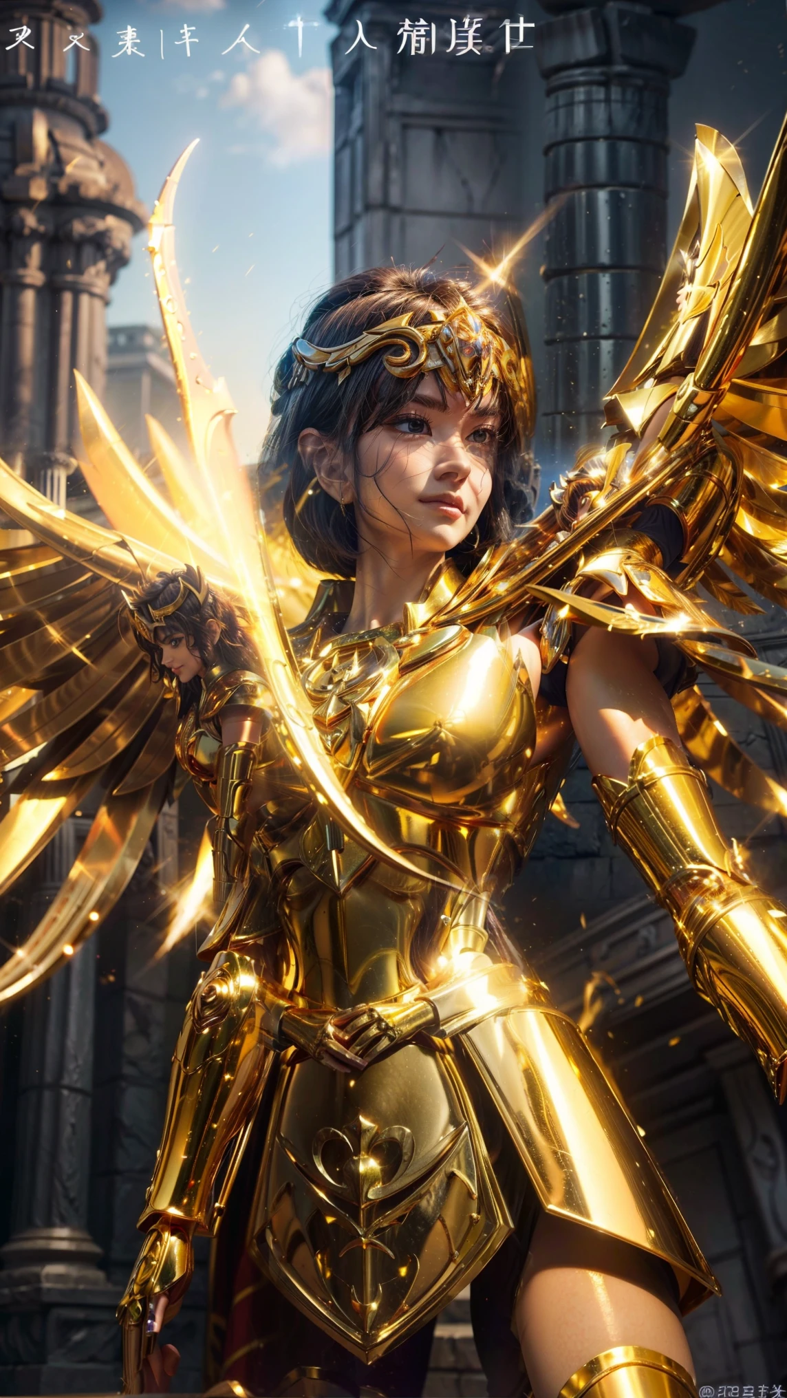 Super high saturation（  masterpiece ），  full body image，（ best quality）， （1 ******），gold hair,   wearing shiny gold armor，  full armor,  Big breasts ，Expose the waist，Show your thighs， in front， Saint Seiya Armor，  Messy hair，high detail,  anime style ,  film lighting , Spark, divine light,  ray tracing ,  movie grain, Ultra HD, textured skin,  super detail ,  Anatomically correct,  high resolution，Super high saturation，  ，High Gloss Armor，First shepherd，a sinister smile，Realistically，（  masterpiece ，Maximum amount ， best quality，official art，beauty and aesthetics：1.2）， very detailed ，fractal art，colorful,  temple of Athena background ,  sunny day ,  dynamic pose , Highly Detailed, cinematic