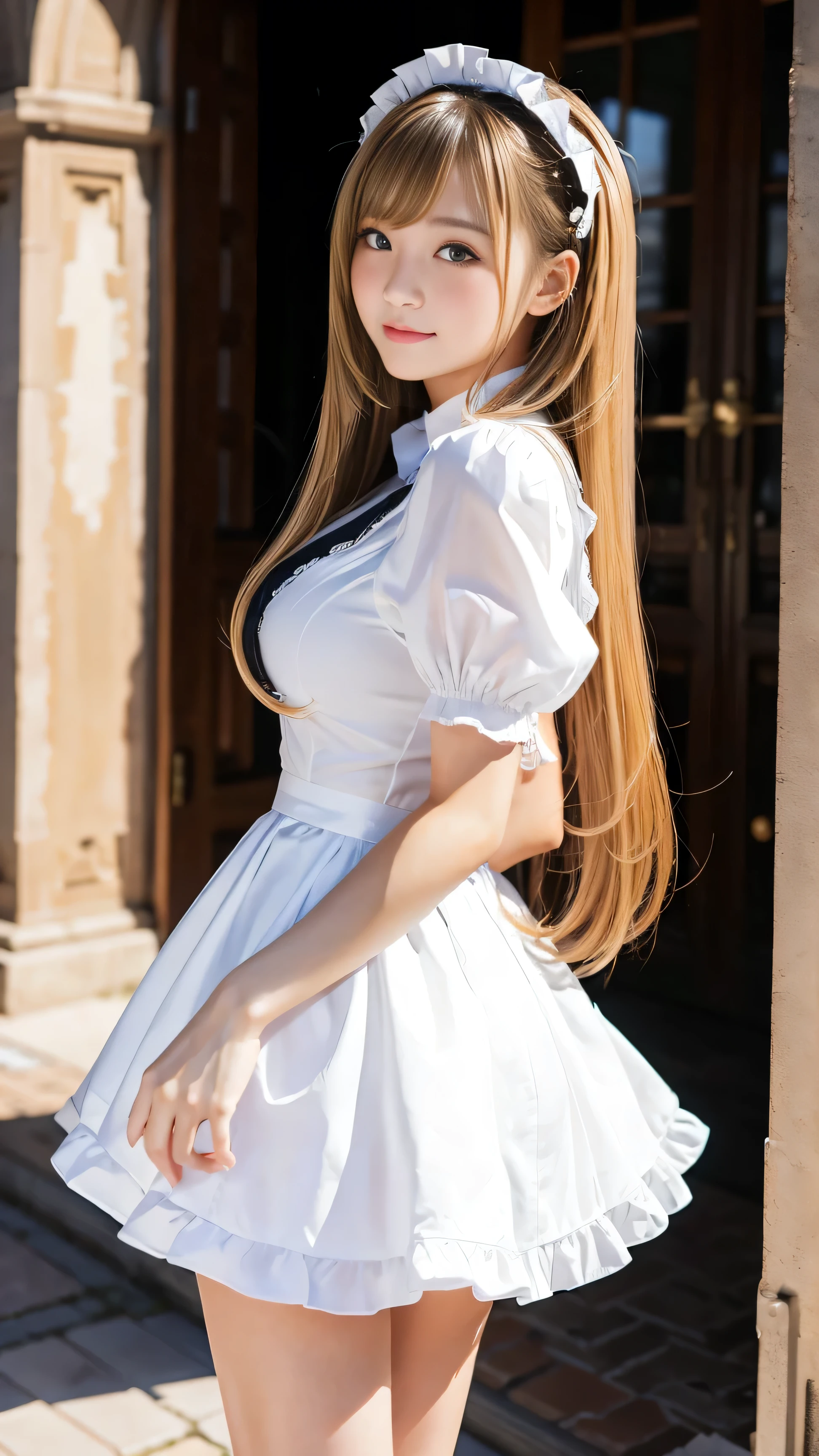 Sexy Big 、A cute with a sexy and cute look, beautiful and sexy face、A strong wind blows my hair in front of my face、With straight blonde hair、beautiful, Cute and sexy eyes hidden behind long bangs、Sexy maid outfit