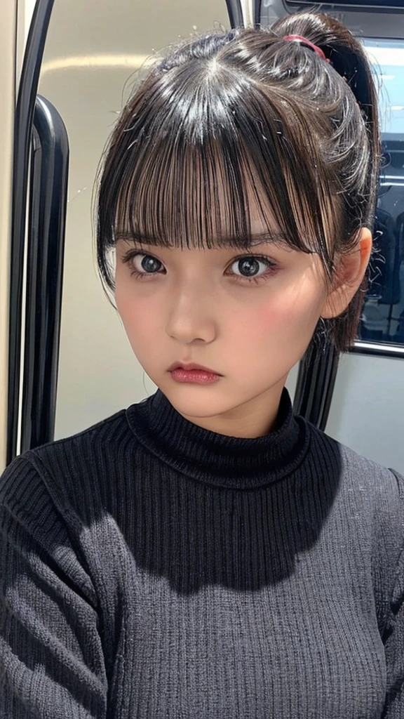 (sitting),(((black long sleeve knit, black business pants))), (((angry disgusted eyes:1.3)))、((((black short ponytail hair, bangs)))), Japanese、(dark skin),((((Round face))))、(big cheeks)、((Cute Face))、(((Japanese junior idol)))、(((background: in the train))),  Ultra High Definition,  high image quality model,  retina,  top quality, High resolution、high resolution、in 8K,Highly detailed eyes and face、超High resolution, High resolution、high resolution、in 8K