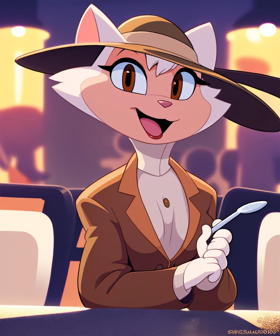 source_furry, solo, sawyer, female, brown eyes, brown suit, wide brim hat, open smile, looking at viewer, restaurant, by sssonic2,by sigma_x,by kilinah, score_9, score_8_up, score_7_up, score_6_up, score_5_up, score_4_up