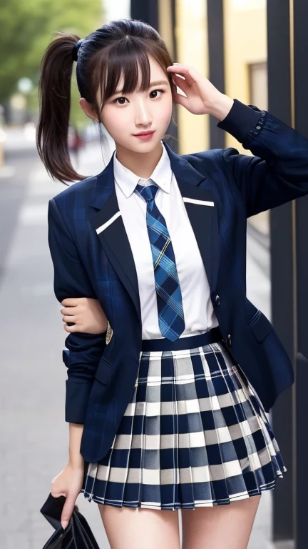 女子 College Student 、 College Student 、 high school uniform 、woman、、 slender、slender、 smaller breasts、A well-groomed face 、、(cute、 beauty)、( ponytail、Black Hair:1.2), blazer、 short skirt、Knee-length skirt、(blue and black plaid pleated skirt:1.5)、( white shirt、 black jacket 、 ties:1.1)、( Beautiful Legs 、Beautiful thighs、Plump thighs)、( anatomically correct body structure:1.2)、Shirt tucked in、 erotic