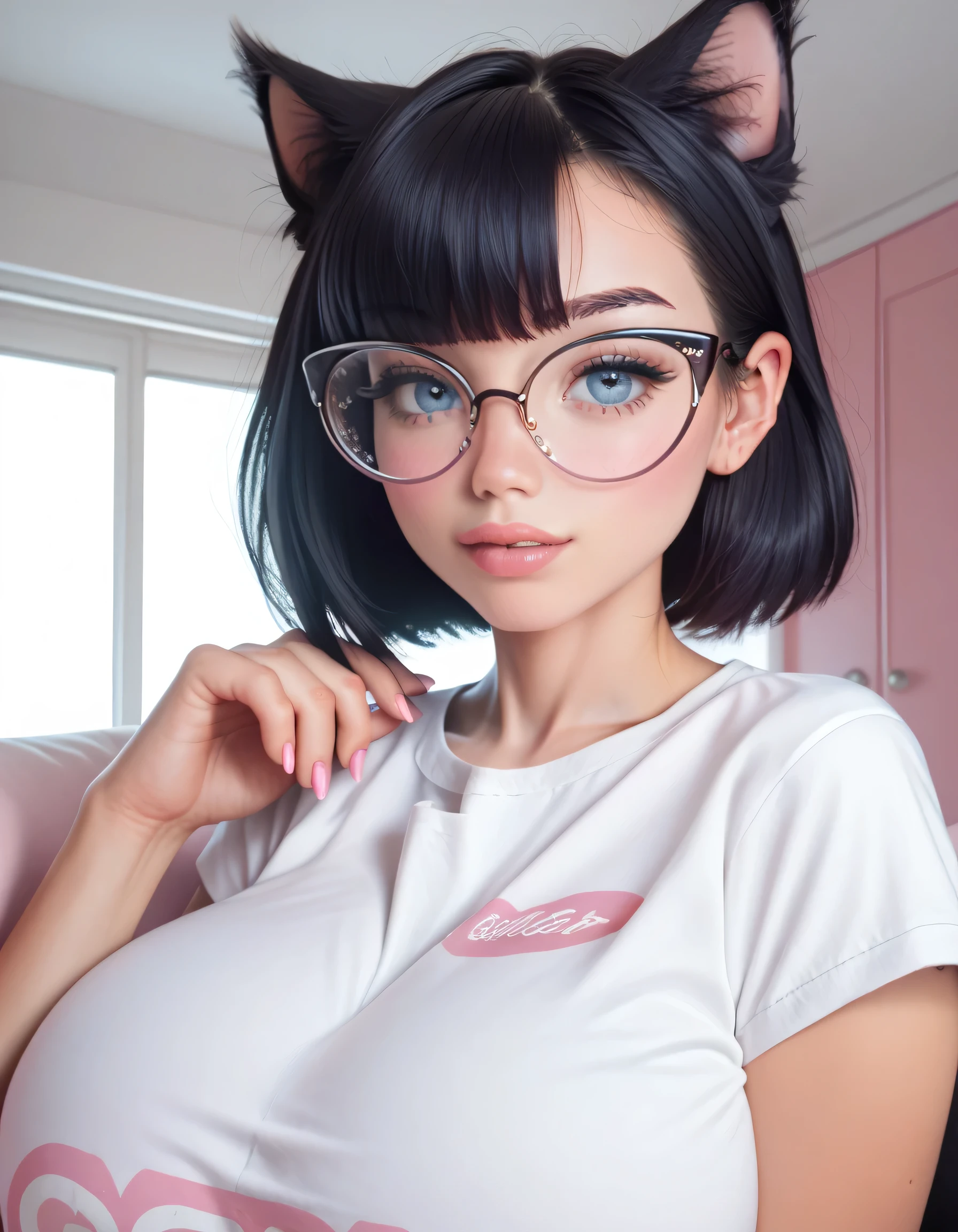 Hd, high quality, black hair, (high quality faces), adorable teenage schoolgirl, (((black oversized cat-eye glasses))), (((huge breasts))), pink and white bodysuit, expressive blue eyes, bedroom