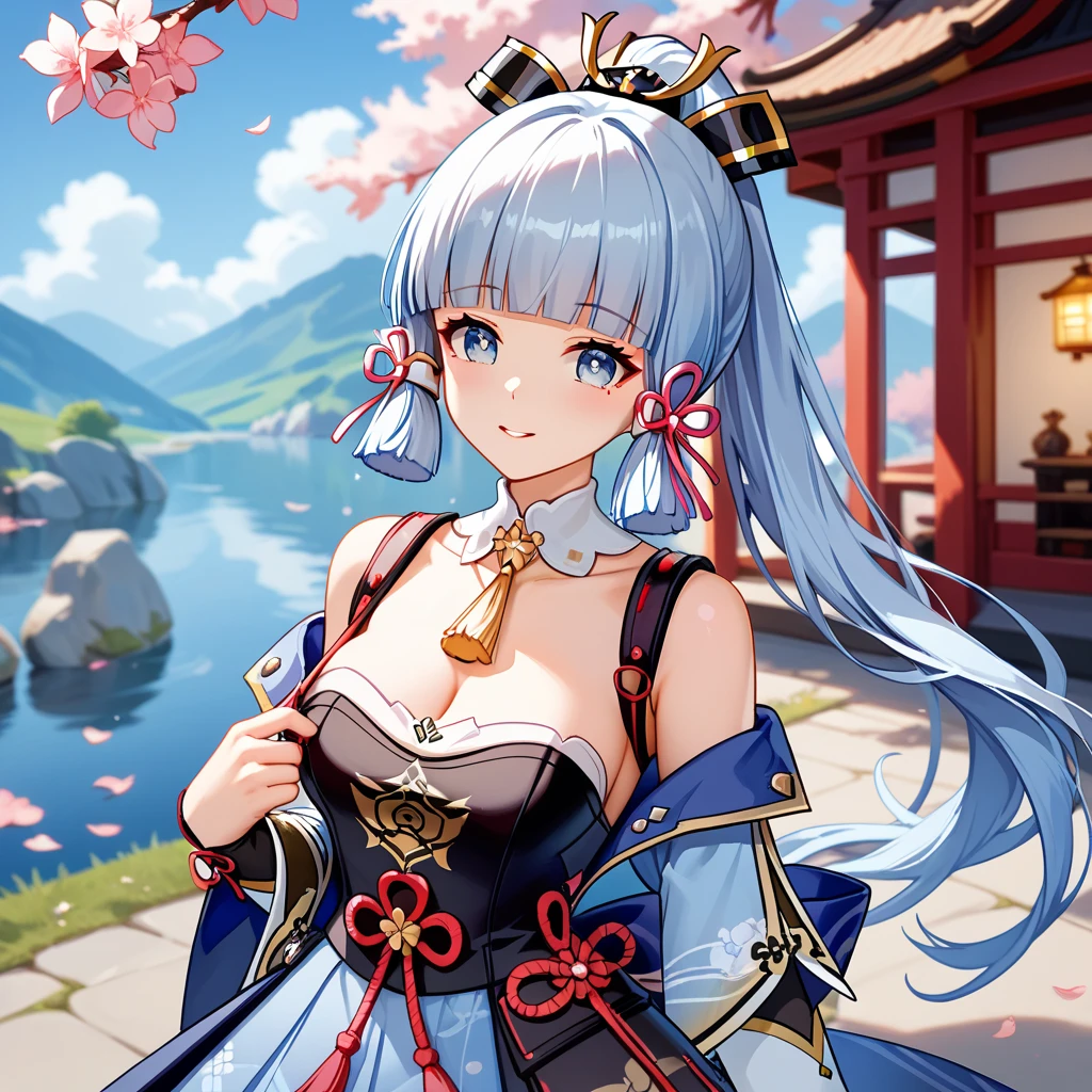 masterpiece, best quality, <lora:e7lua-nvwls-v1-000009:1> e7lua, hair ornament, earrings, chinese clothes, dress, cleavage, elbow gloves, white thighhighs, large breasts, profile, looking at viewer, night sky, mountains, cherry blossoms, smile