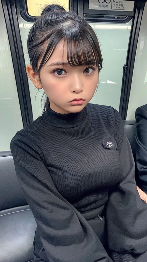 (sitting on the seat),(((black long sleeve knit, black business pants))), (((angry disgusted eyes:1.2)))、((((black short ponytail hair, bangs)))), Japanese、(dark skin),((((Round face))))、(big cheeks)、((Cute Face))、(((Japanese junior idol)))、(((background: in the train))),  Ultra High Definition,  high image quality model,  retina,  top quality, High resolution、high resolution、in 8K,Highly detailed eyes and face、超High resolution, High resolution、high resolution、in 8K