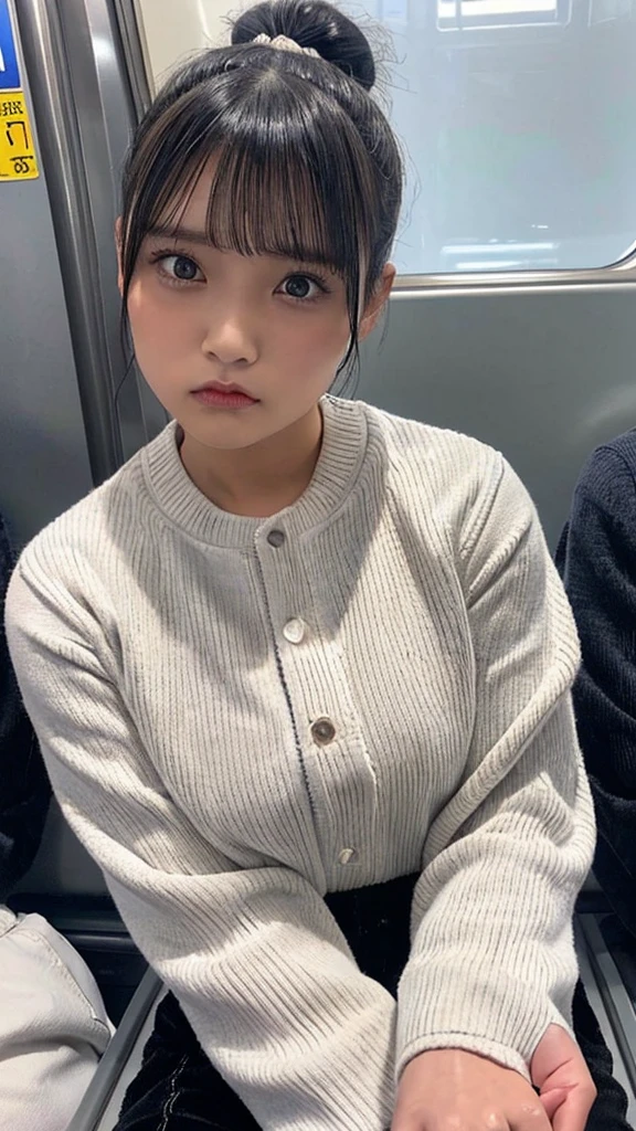 (sitting on the seat),(((gray long sleeve knit, white corduroy pants))), (((angry disgusted eyes:1.1)))、((((black short ponytail hair, bangs)))), Japanese、(dark skin),((((Round face))))、(big cheeks)、((Cute Face))、(((Japanese junior idol)))、(((background: in the train))),  Ultra High Definition,  high image quality model,  retina,  top quality, High resolution、high resolution、in 8K,Highly detailed eyes and face、超High resolution, High resolution、high resolution、in 8K