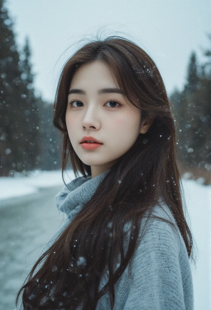 a woman in the snow, beautiful detailed eyes, beautiful detailed lips, extremely detailed face, long eyelashes, portrait, beautiful woman, snowfall, snowy landscape, winter scene, cold atmosphere, frozen lake, pine trees, overcast sky, cinematic lighting, muted colors, (best quality,4k,8k,highres,masterpiece:1.2),ultra-detailed,(realistic,photorealistic,photo-realistic:1.37)