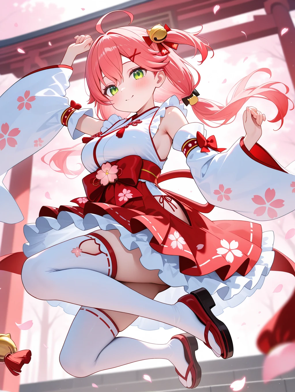 nsfw,((Masterpiece)),((high resolution)),((Best Quality)),Anime illustration,((1girl)),(wavy hair),(short hair),(pale pink hair color),small ponytail,Red eyes,(Big round eyes),((tareme)),12 years old,((loli face)),((very big breasts)),Short stature,,,Ao Dai,No sleeve,mini skirt,blush,I'm very embarrassed,arms up behind,