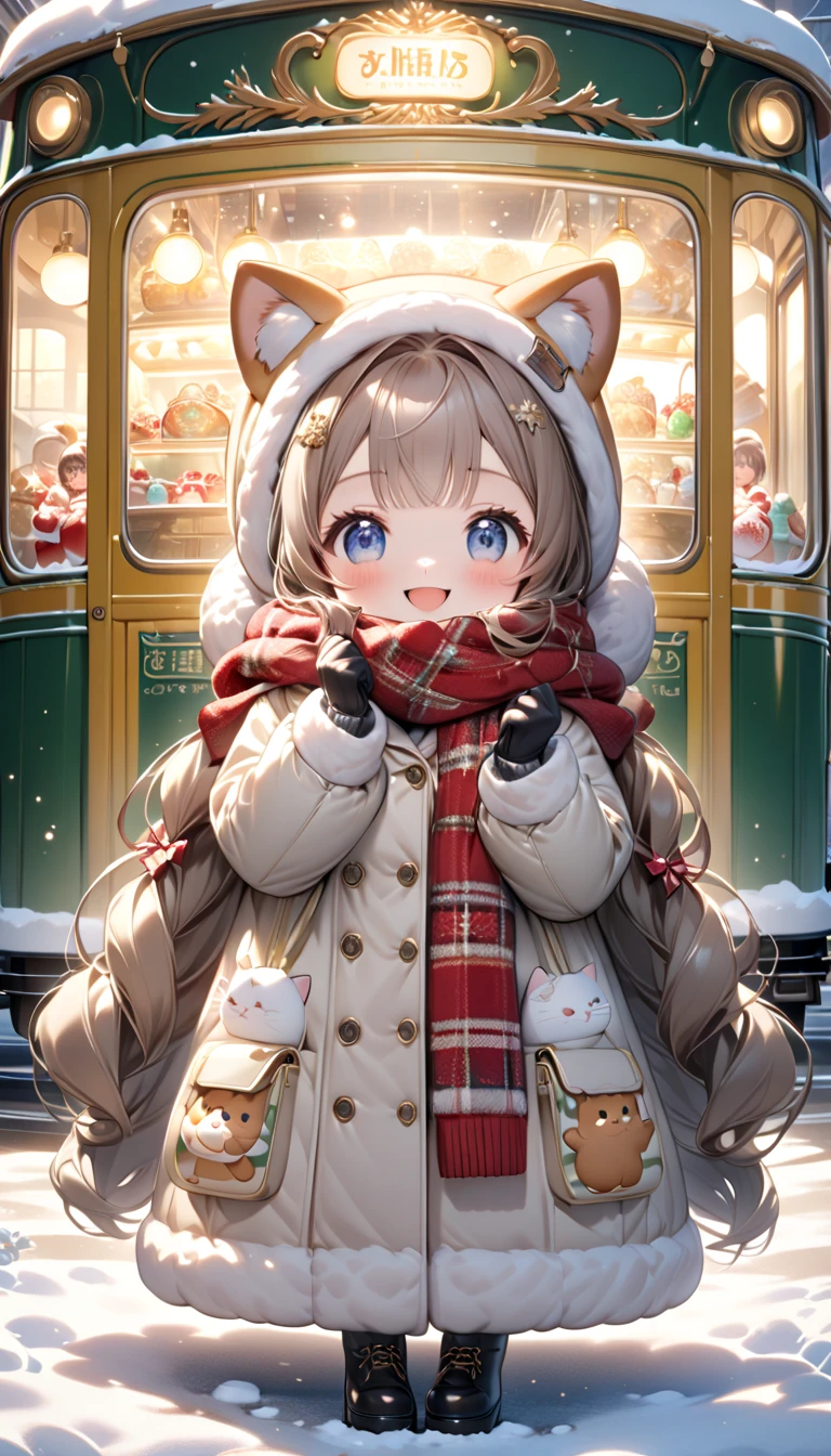 (masterpiece, ultra-detailed, best quality, clear focus, dramatic scene, cinematic), shadow, (ultra-high resolution, 8k), perfect anatomy, perfect face, (detailed face, detailed eye, chibi), cute Japanese chibi girl, famous Japanese chibi idol, very beautiful and cute and cool face, (wearing stylish winter outfit with long coat, woolen scarf and glove:1.2), (large breasts), (She is standing in front of a gorgeously Christmas decorated cute tram with a giant fat cat:1.3), at the tram stops, the Christmas gift box and Christmas trees are on the tram, (She is in front of the gorgeously Christmas decorated confectionery shop with Christmas illuminations, snow-covered road, these stores at the street are gorgeously decorated with Christmas decorations, professional lighting, (detailed very cute fluffy giant cat is mewing:1.3), she looks so happy, happy smile