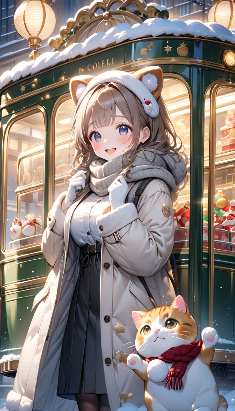 (masterpiece, ultra-detailed, best quality, clear focus, dramatic scene, cinematic), shadow, (ultra-high resolution, 8k), perfect anatomy, perfect face, (detailed face, detailed eye, chibi), cute Japanese chibi girl, famous Japanese chibi idol, very beautiful and cute and cool face, (wearing stylish winter outfit with long coat, woolen scarf and glove:1.2), (large breasts), (She is standing in front of a gorgeously Christmas decorated cute tram with a giant fat cat:1.3), at the tram stops, the Christmas gift box and Christmas trees are on the tram, (She is in front of the gorgeously Christmas decorated confectionery shop with Christmas illuminations, snow-covered road, these stores at the street are gorgeously decorated with Christmas decorations, professional lighting, (detailed very cute fluffy giant cat is mewing:1.3), she looks so happy, happy smile