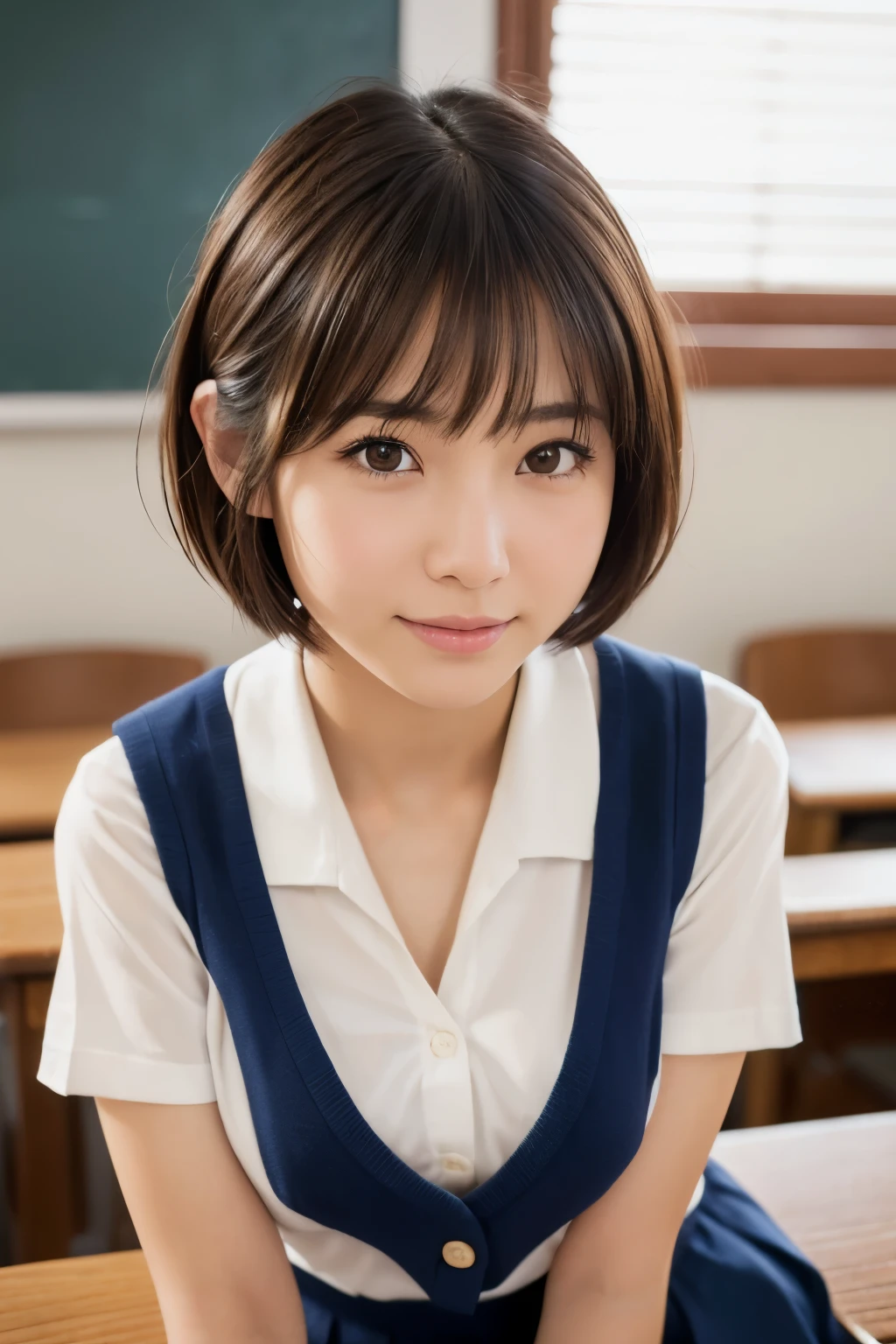One girl,summer,classroom,machine,Sit down,Black Hair,Fluffy short hair,Dark blue tank top,skirt,Chest line,Small swelling in the chest,smile,6th grade elementary school,Handsome,Innocent,sense of cleanliness,front,Look here,transparent, Soft Light,(masterpiece, Highest quality), Structure of the film, Like a movie