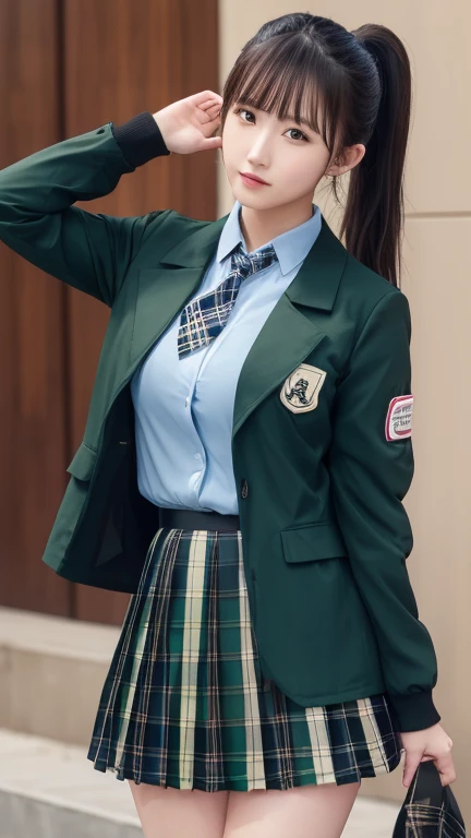 女子 College Student 、 College Student 、 high school uniform 、woman、、 slender、slender、 smaller breasts、A well-groomed face 、、(cute、 beauty)、( ponytail、Black Hair:1.2), blazer、 short skirt、Knee-length skirt、(blue and black and dark green plaid pleated skirt:1.5)、( white shirt、 black jacket 、 ties:1.1)、( Beautiful Legs 、Beautiful thighs、Plump thighs)、( anatomically correct body structure:1.2)、Shirt tucked in、 erotic、( black jacket :1.3)