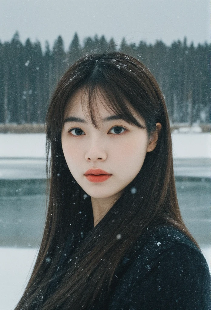 a woman in the snow, beautiful detailed eyes, beautiful detailed lips, extremely detailed face, long eyelashes, portrait, beautiful woman, snowfall, snowy landscape, winter scene, cold atmosphere, frozen lake, pine trees, overcast sky, cinematic lighting, muted colors, (best quality,4k,8k,highres,masterpiece:1.2),ultra-detailed,(realistic,photorealistic,photo-realistic:1.37)