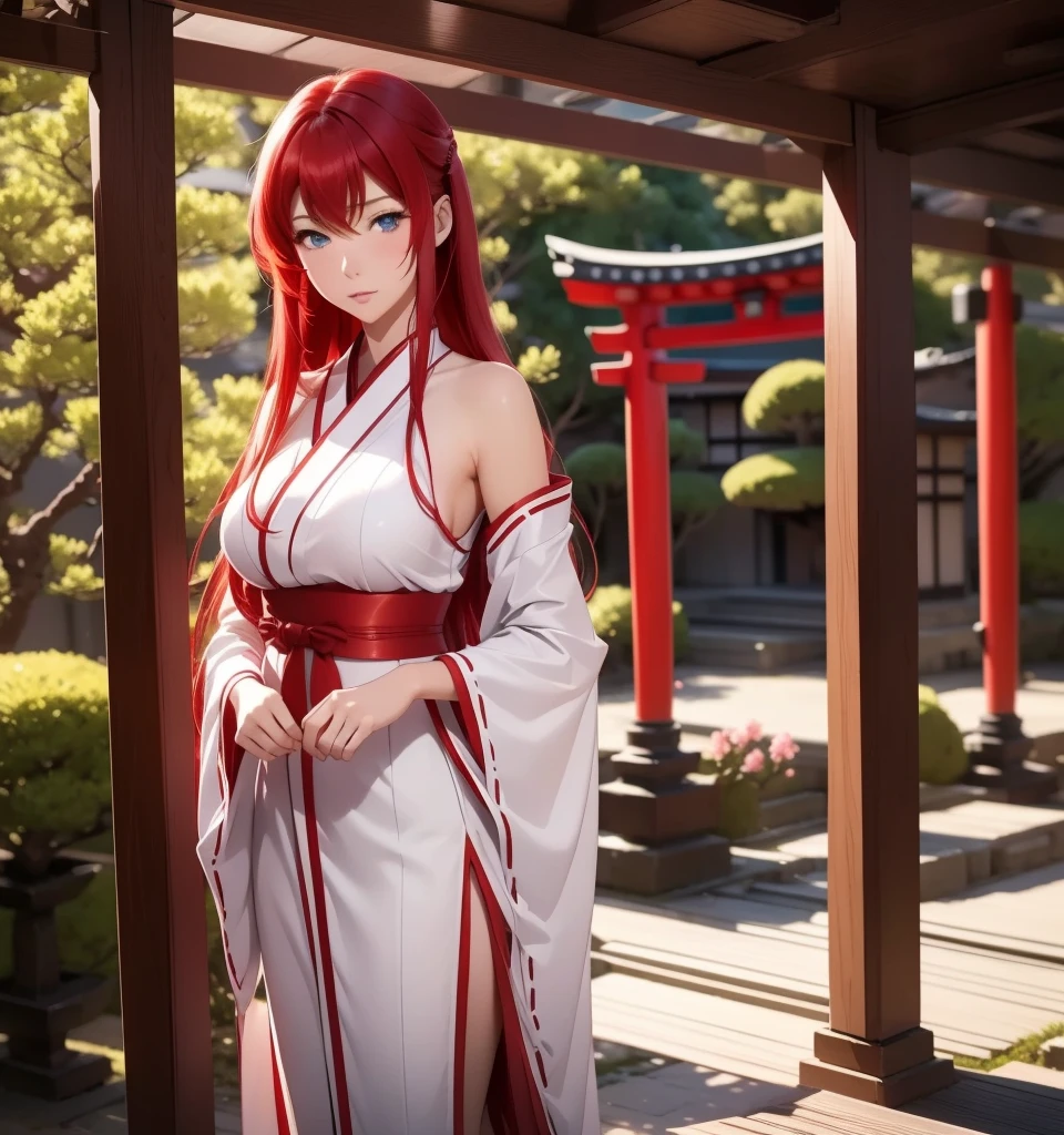    a beautiful girl,  Red hair ,   Blue eyes  ,     glowing eyes   , Miko sexy Japanese outfit   ,   Japanese temple cherry tree background .  closed lips    ,    long hair,    High resolution  ,   full body  ,   wavy hair  ,   looking at the camera   