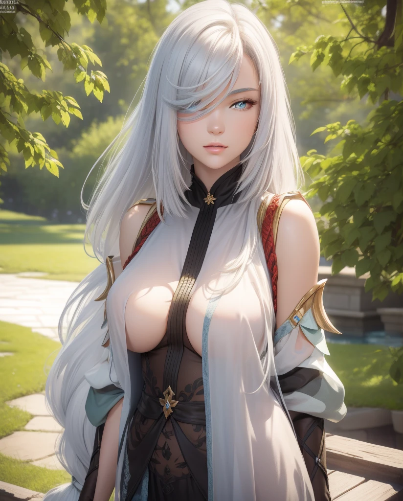  Beautiful Girl ( realistic ,  masterpiece ,  high quality detailed skin:1.2) ( looking at the viewer ,  panoramic view,  long hair:1.2)  white hair,  blue eyes , breasts, 