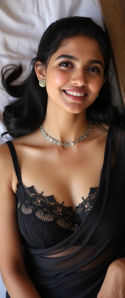 Day scene, close up photo of a sexy kajal from top view, lying on bed, black lace bra and saree, big cheeks, curvy, Hollywood lips, wet navel, deep cleavage, necklace, erotic face, 36 yo, ponytail, look at viewer and smile, (cinematic:1.3), intricate details, (ArtStation:1.2)