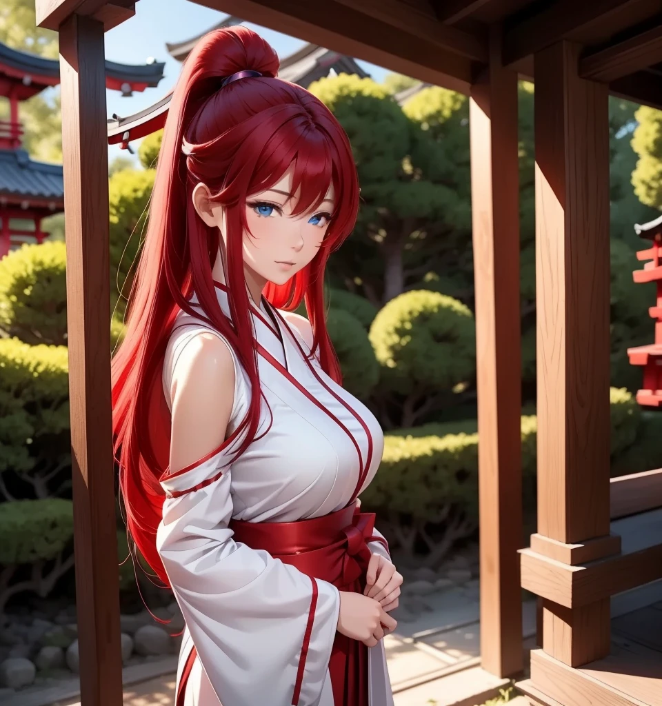    a beautiful girl,  Red hair ,   Blue eyes  ,     glowing eyes   , Miko sexy Japanese outfit   ,   Japanese temple cherry tree background .  closed lips    ,    long hair,    High resolution  ,   full body  ,   wavy hair  ,   looking at the camera   