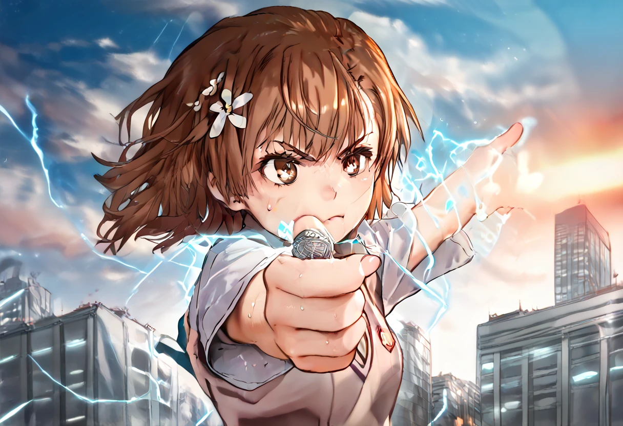 misaka mikoto,1girl,solo,tokiwadai school uniform,sweater vest,school uniform,hair ornament,short hair,hair flower, upper body,shirt,flower,perfect hands, perfect finger,perfect anatomy, masterpiece, best quality,realistic, hyperrealistic, 16k hdr,1 mature female,outdoor,high school,sweat,(orange beam, energy beam:1.2, from side:1.2), looking to the side, electricity, electrokinesis, one-arm outstretched, city background ,(serious,angry:1.2),(strong wind:1.3)