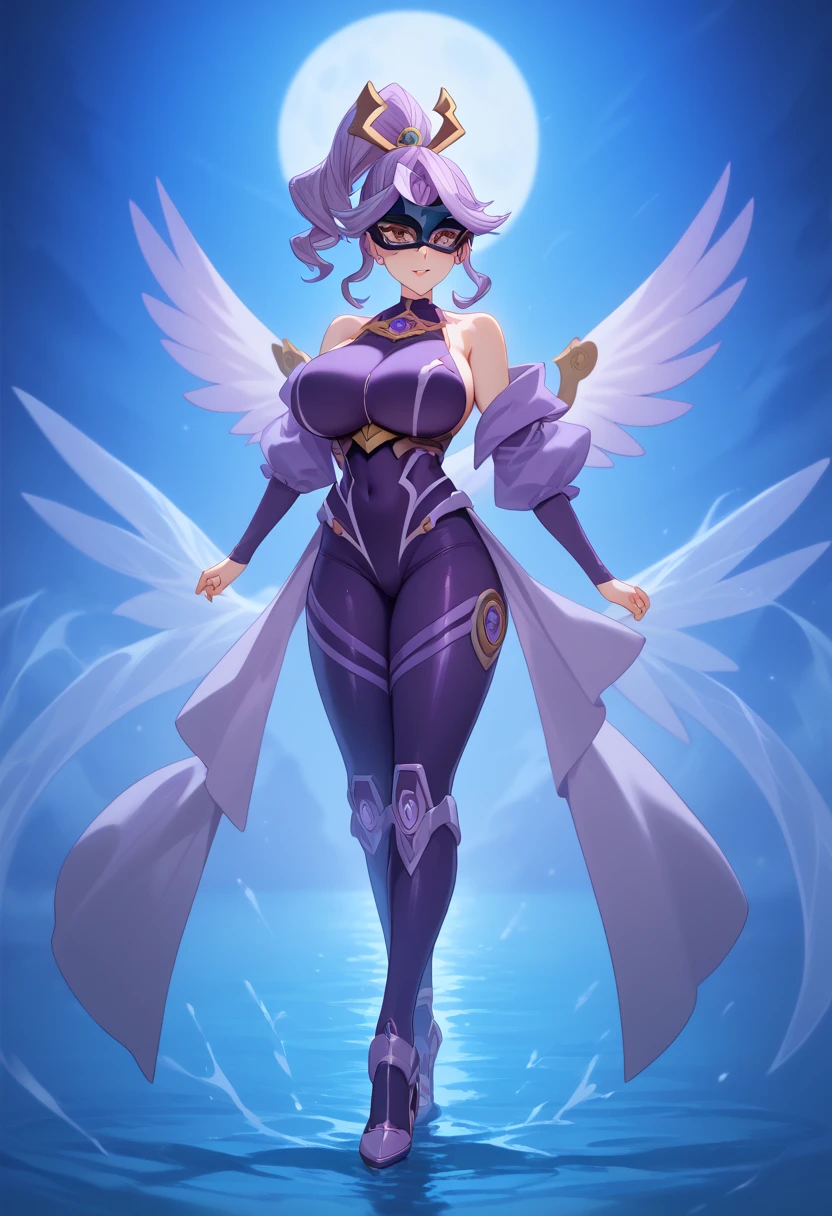 （Light purple hair）、（ ponytail）、（ Japanese Animation）、Yu-Gi-Oh!、（（ Bodysuit ））、Venetian mask、 High Quality 、 full body view、（（（Big Breasts）））, （（ perfect finger））、（（perfect hand））、Moonlit Night