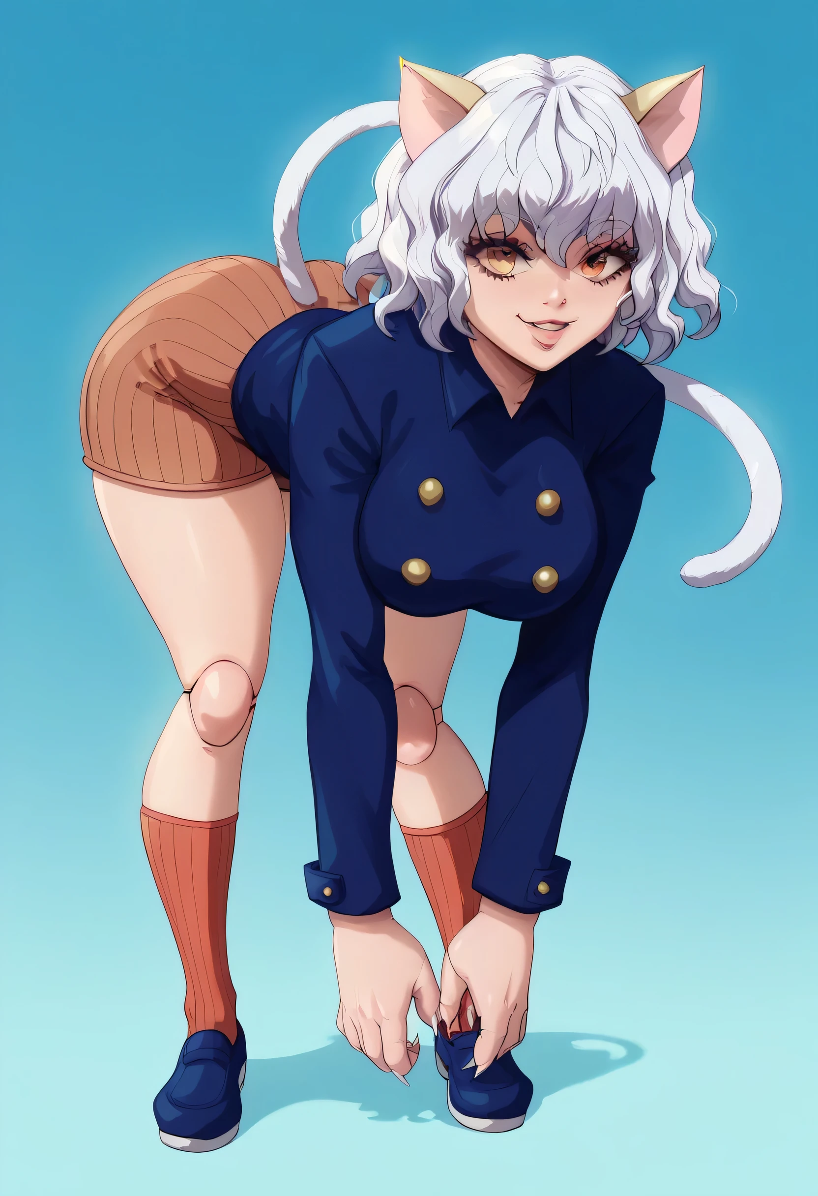 hxhpitou
white hair, short hair, wavy hair
cat ears, cat tail
long sleeves, blue shirt, brown shorts, socks, shoes
smile, :3
doll joints Sexy, hot, busty. Big boobs, sexy hips, hourglass.figure, exagerated figure, bent over, sexy pose, model pose, wide hips, sexy legs, ((giant boobs)), perfect hands, begging, 