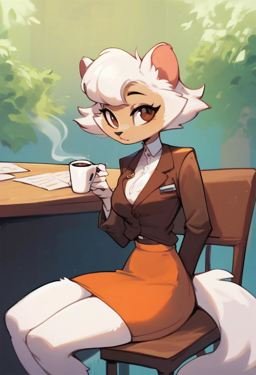 score_9, score_8_up, score_7_up,((best quality)), absurdres, SawyerCDDPXL,furry female, furry, tail,animal ears, brown eyes, white hair, white fur, short hair, skirt, orange skirt,brown office jacket,slim,sitting, chair, table,outside,holding coffee